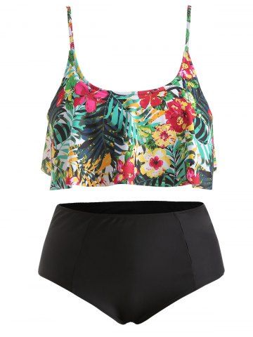 Ruffle Trim Plus Size Floral Print Bikini Set - BLACK - 3X