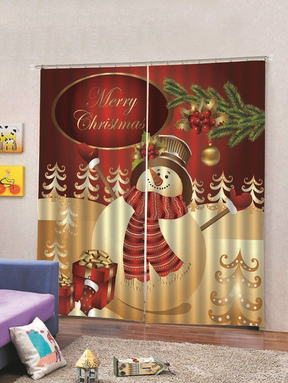 

2PCS Snowman Christmas Window Curtains, Red wine