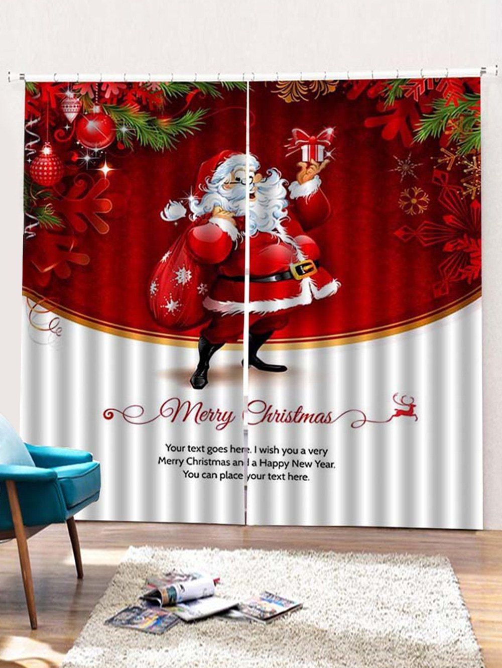 

2PCS Father Christmas Gift Pattern Window Curtains, Red wine