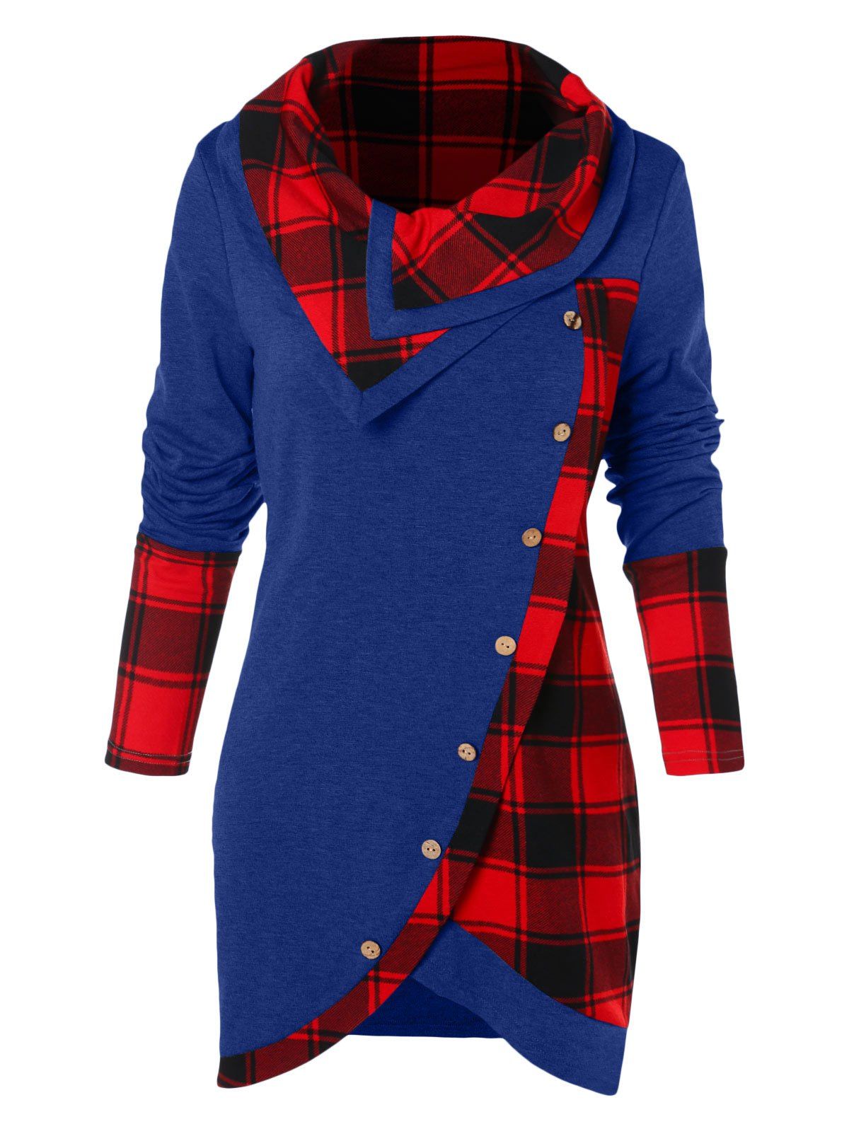 

Tartan Panel Long Sleeve Asymmetrical T-shirt, Cobalt blue