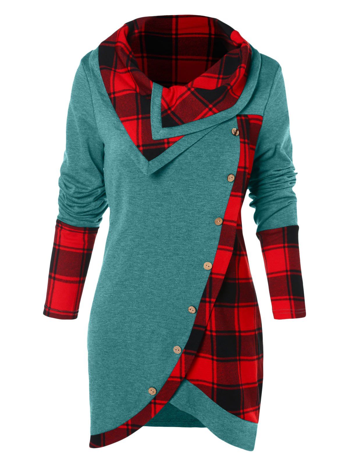 New Tartan Panel Long Sleeve Asymmetrical T-shirt  