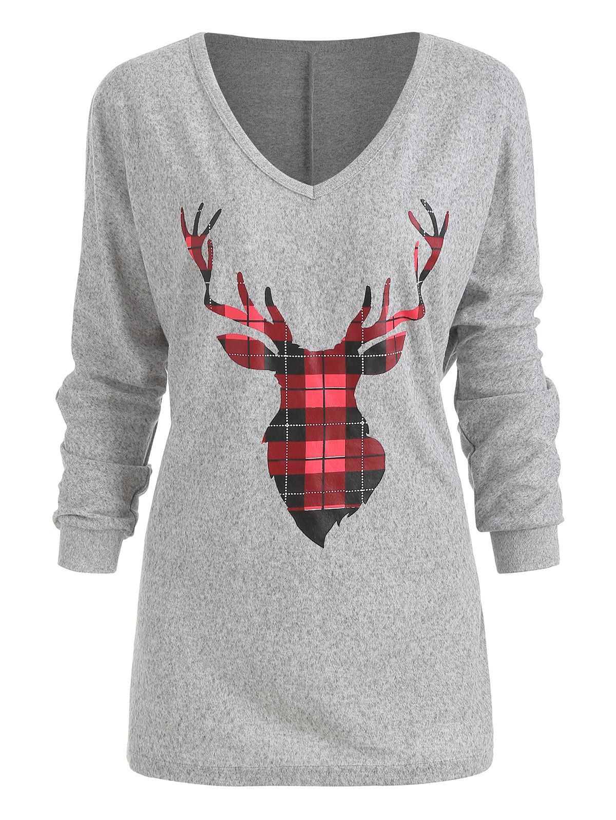 

Christmas Plaid Elk Print Slit Sweater, Gray goose