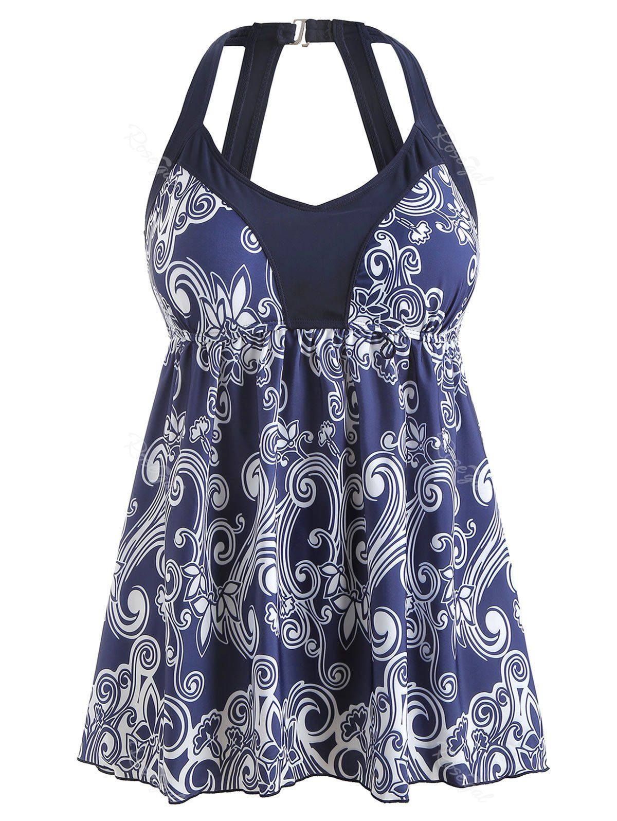

Plus Size Back Cut Out Ethnic Print Tankini Set, Cadetblue