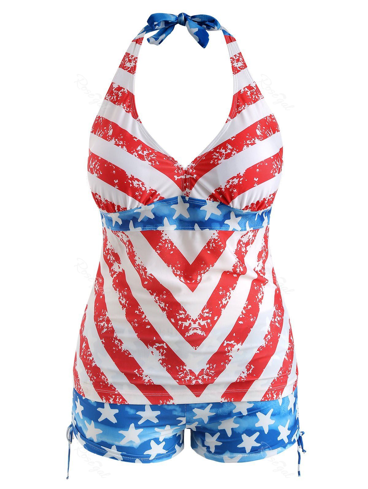 

American Flag Print Plus Size Halter Neck Tankini Set, Red