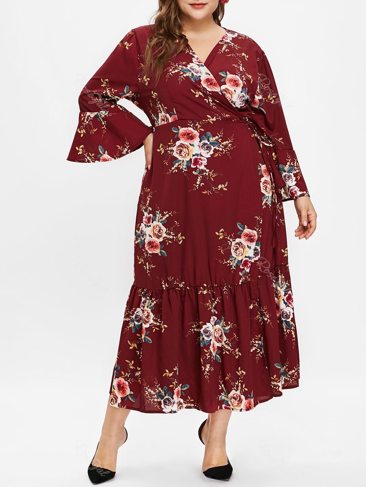 Plus Size Long Sleeves Floral Wrap Dress [30 OFF] Rosegal
