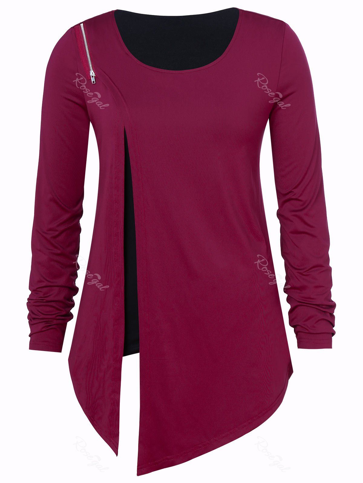 

Plus Size Asymmetric Split T-shirt, Red wine