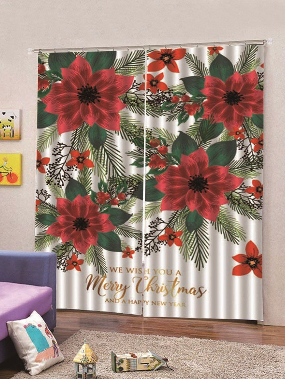 

2PCS Flowers Pattern Waterproof Window Curtains, Multi