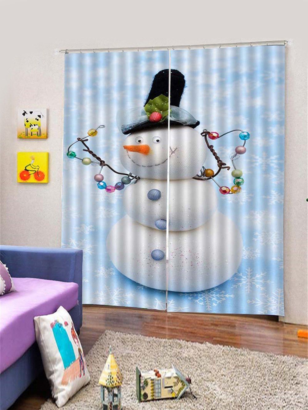 

2PCS Funny Christmas Snowman Pattern Window Curtains, Light sky blue