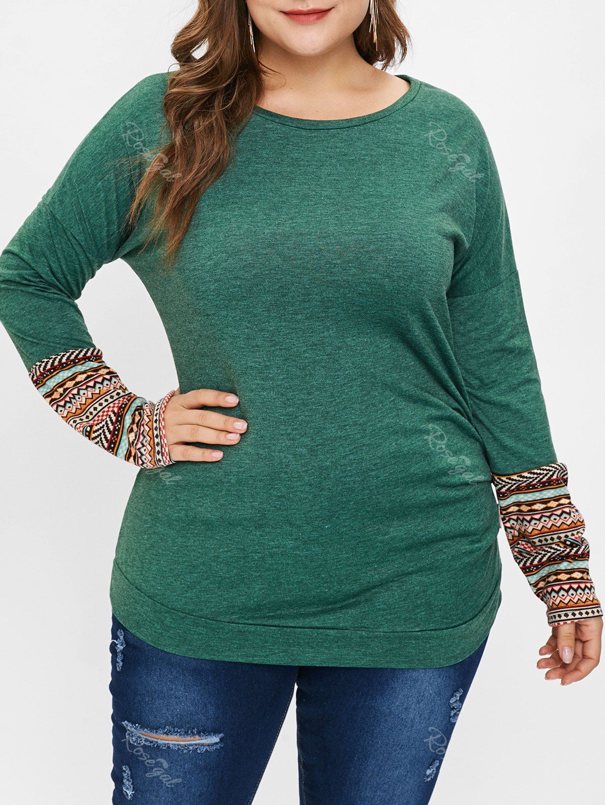 

Printed Plus Size Long Sleeve T-shirt, Green