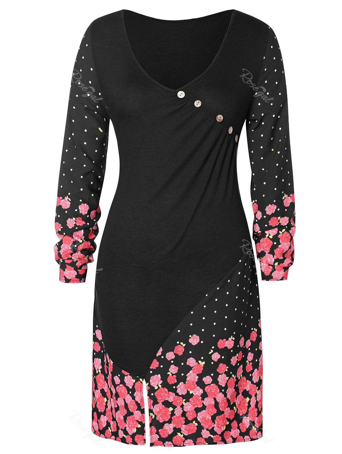 

Floral Print Buttons Front Slit Plus Size Dress, Black