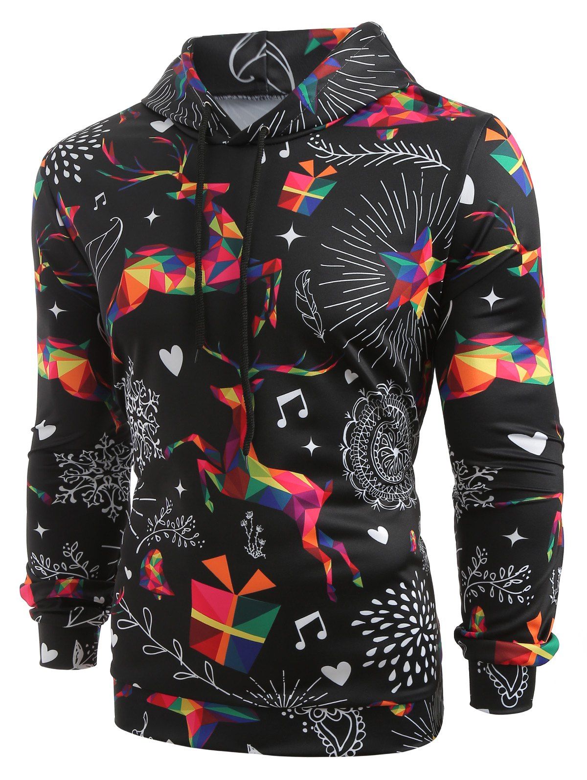 

Christmas Deer Print Drawstring Hoodie, Black