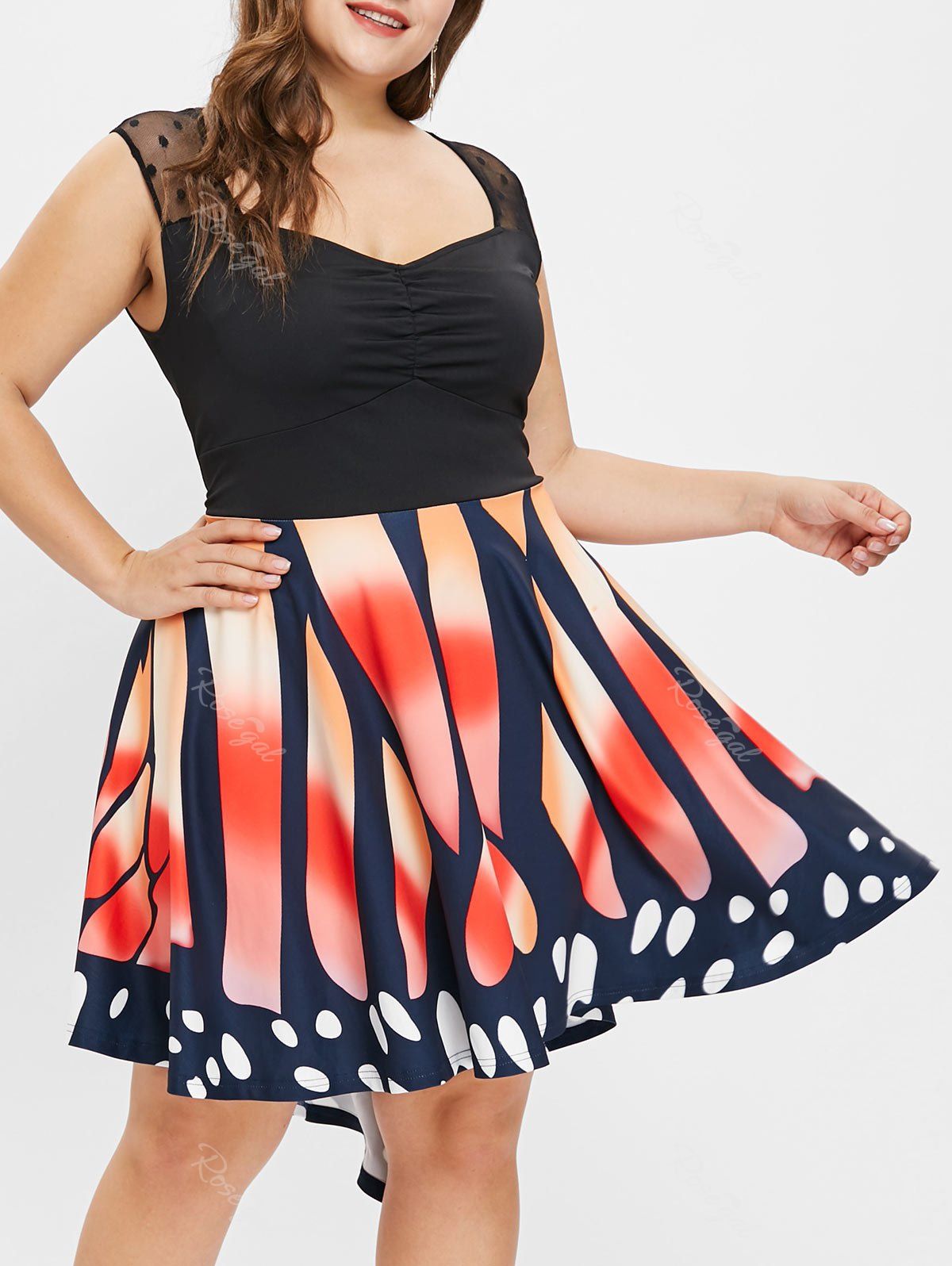 

Mesh Panel Butterfly Print Plus Size Vintage Dress, Black