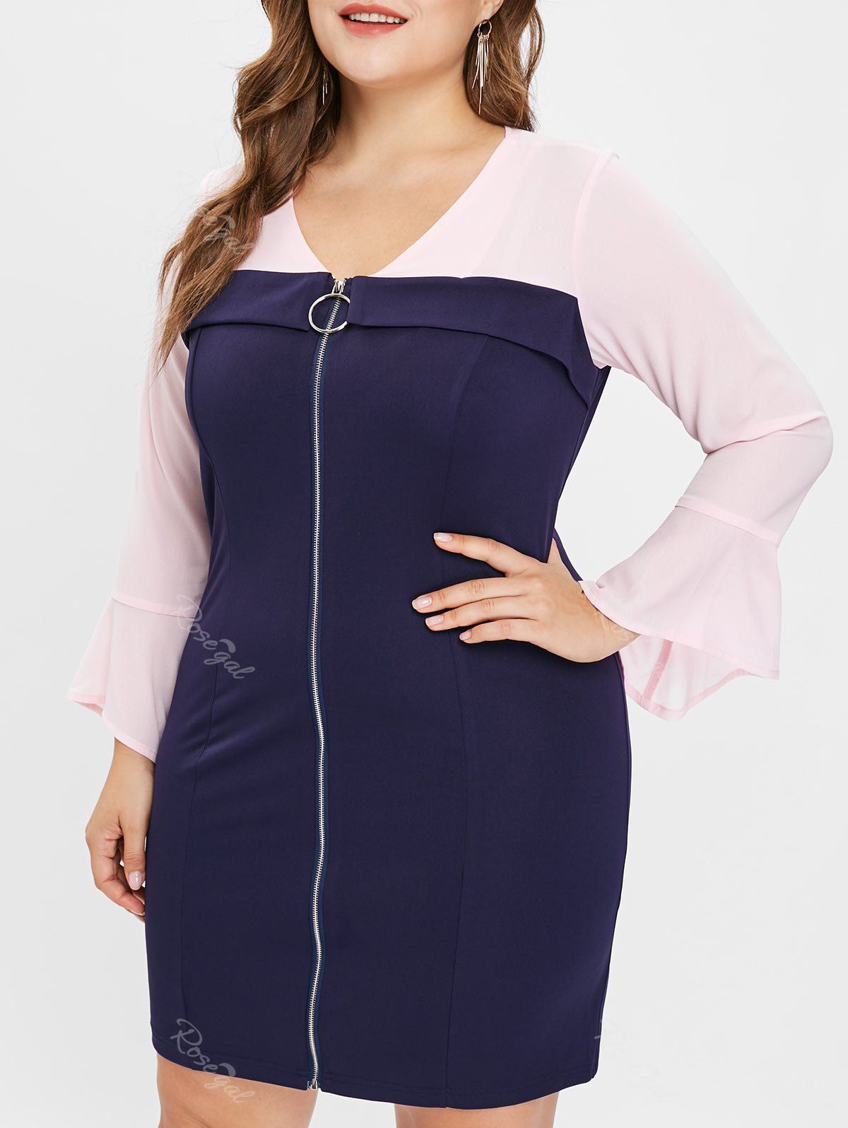 

Plus Size Contrast Bodycon Dress with Zipper Fly, Midnight blue
