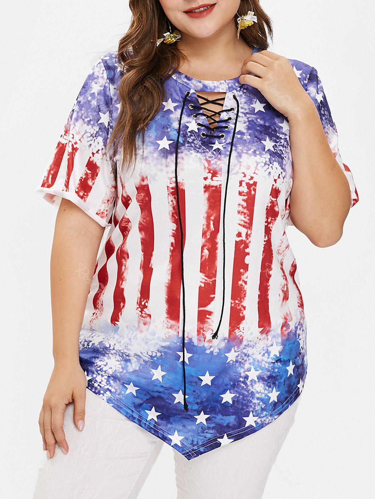 

Plus Size American Flag Tee with Lace Up, Cobalt blue