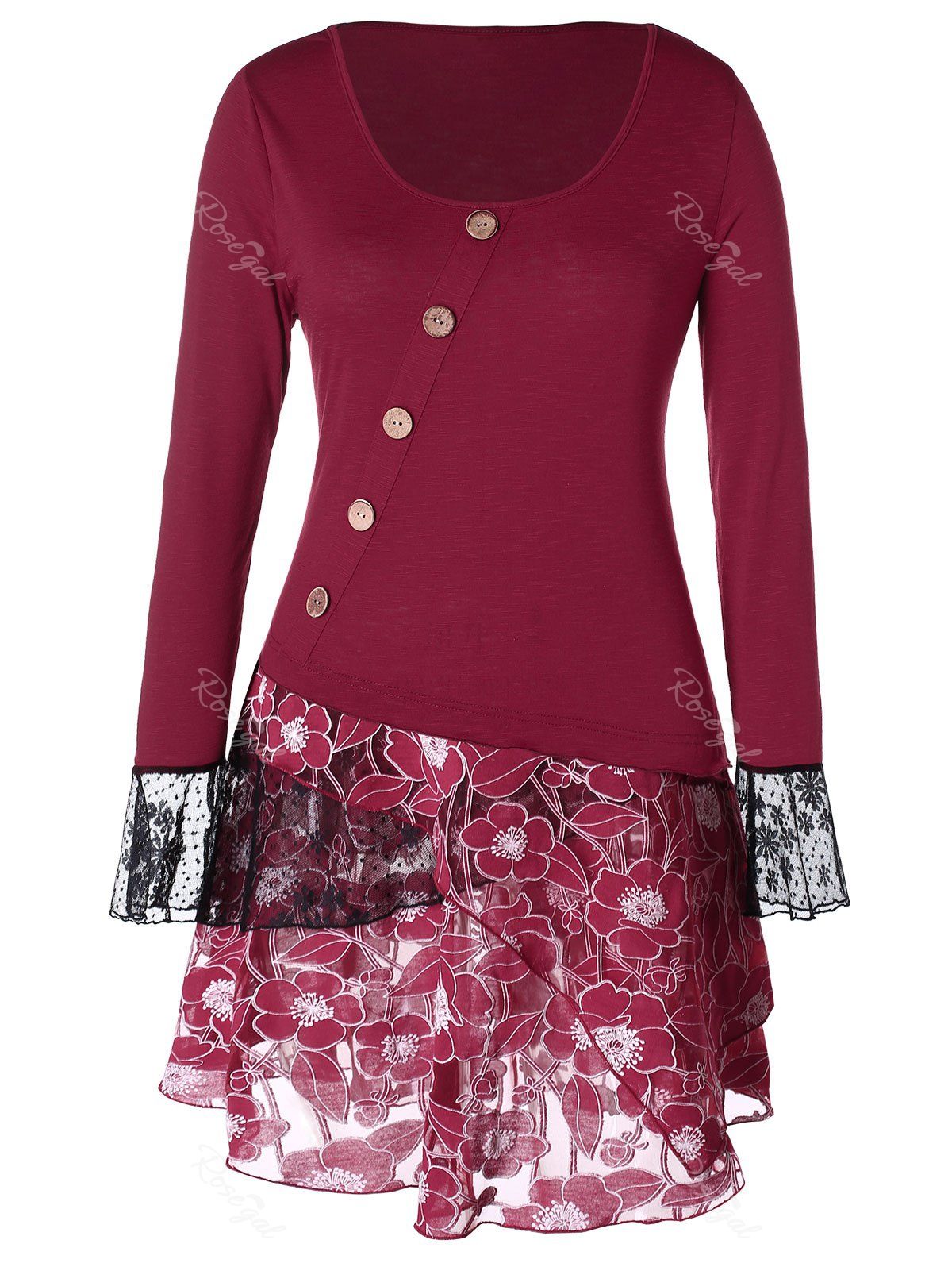 

Plus Size Floral Mesh High Low T-shirt, Red