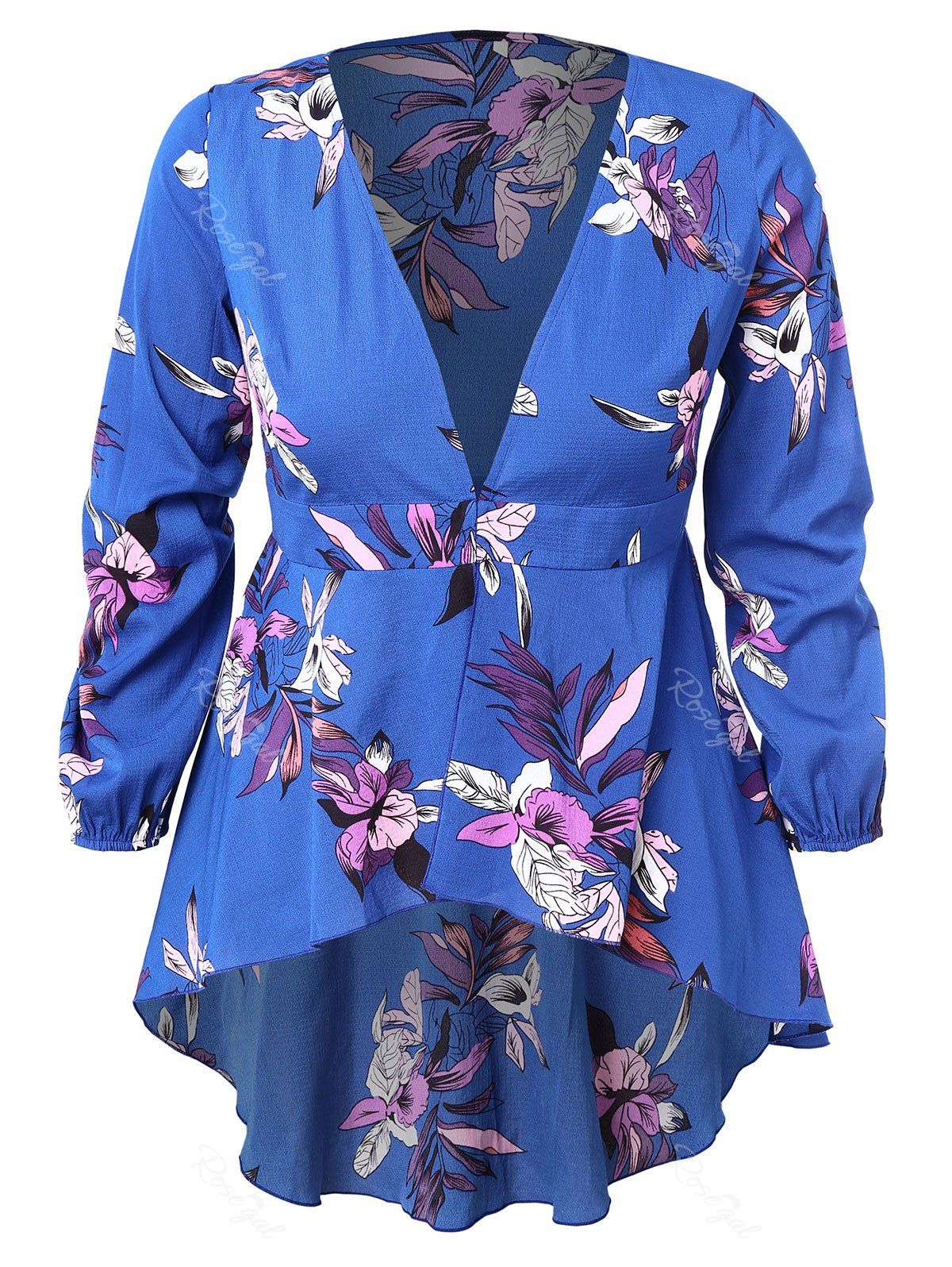 

Plus Size Floral High Low Blouse, Blue