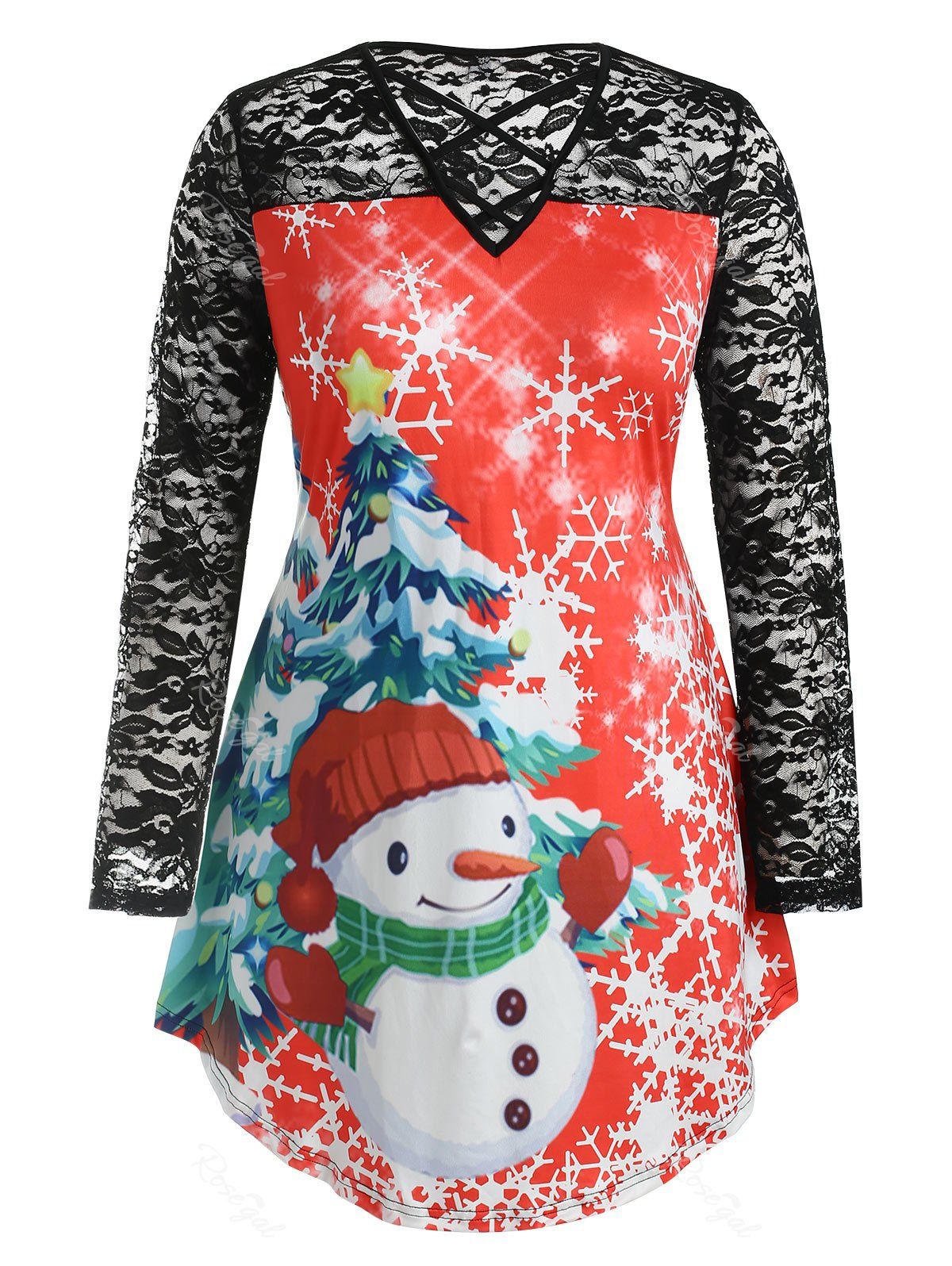 Plus Size Christmas Graphic Longline Tee with Lace, Red