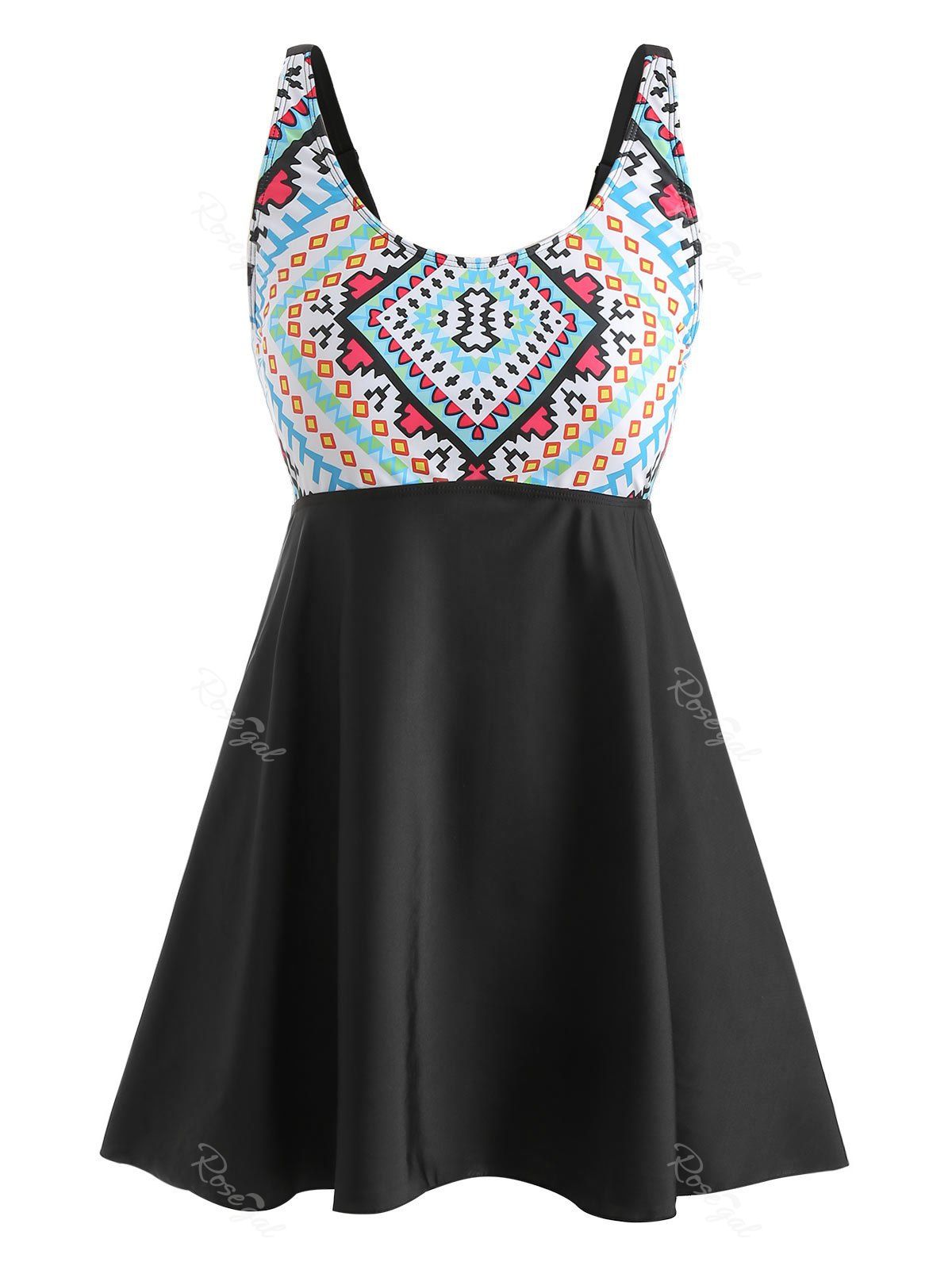 

Geometric Pattern Panel Plus Size Tankini Set, Black