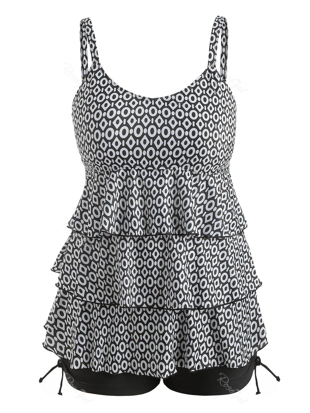 

Layered Ruffle Trim Plus Size Printed Tankini Set, Black