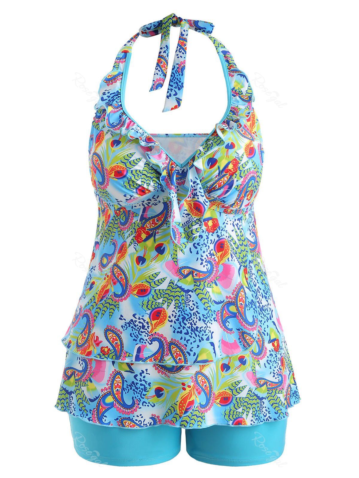 

Ruffle Trim Plus Size Printed Tankini Set, Coral blue