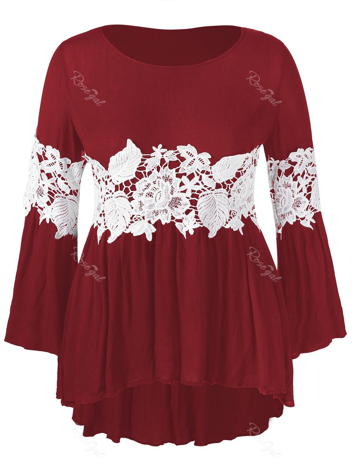 

Plus Size Lace Panel Asymmetric Contrast Tee, Mahogany
