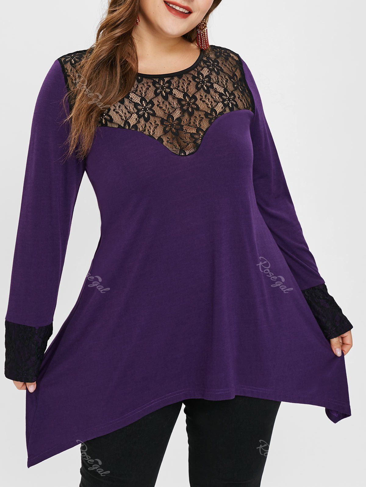 

Plus Size Lace Panel Contrast Tunic Top, Purple iris