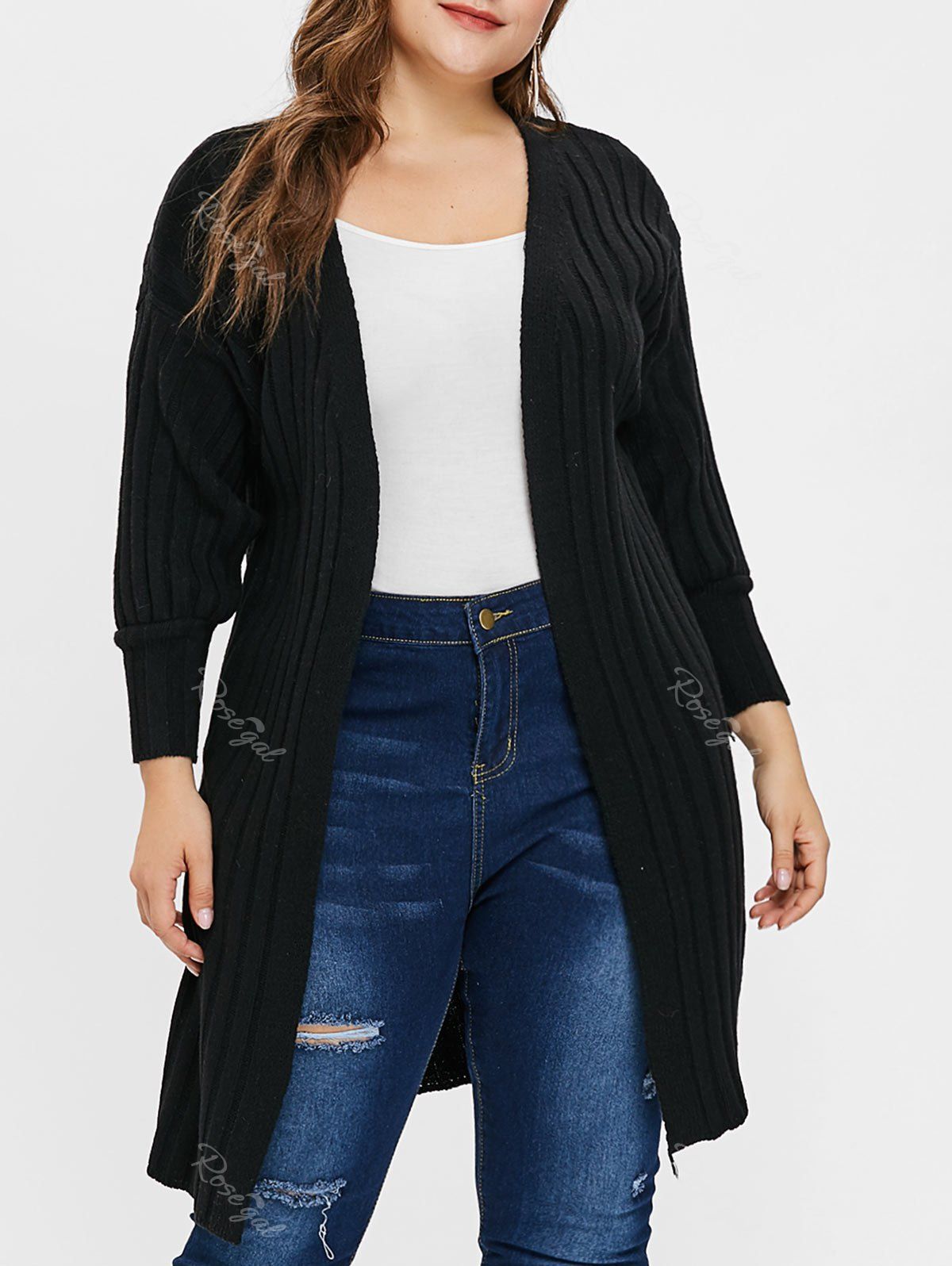 

Open Front Pleated Plus Size Longline Cardigan, Black