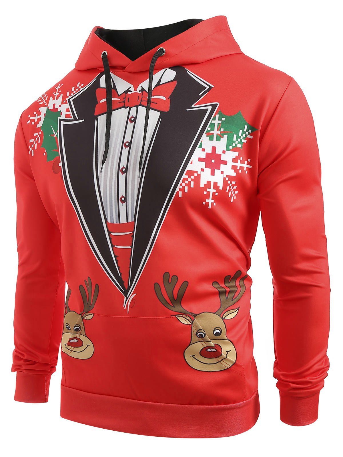 

Christmas Deer Snowflakes Faux Collar Print Casual Hoodie, Red