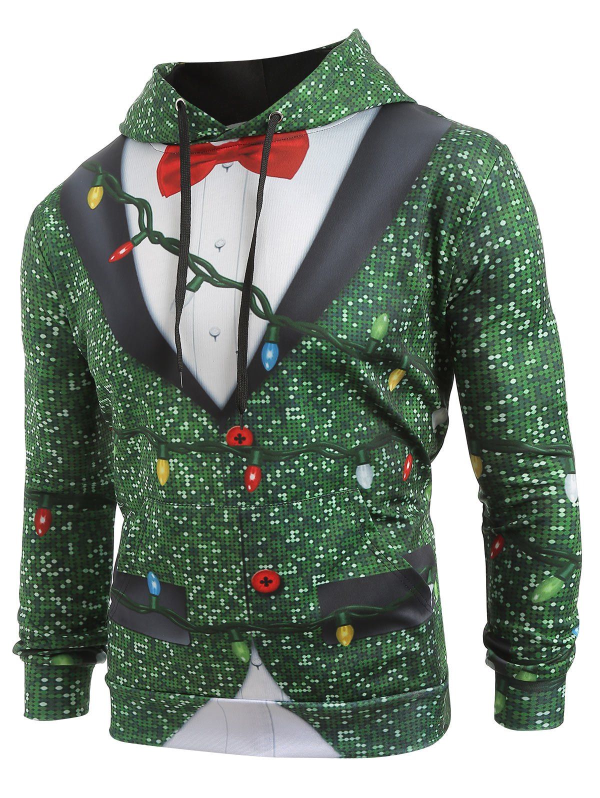 

Christmas String Light Faux Collar Printed Drawstring Hoodie, Greenish blue