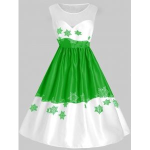 

Plus Size Vintage Mesh Snowflake Christmas Flare Dress, Green