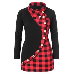 

Plaid Print Plus Size Button Embellished T-shirt, Black