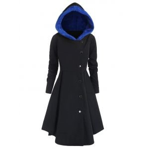 

Plus Size Contrast Asymmetric Hooded Skirted Trench Coat, Black