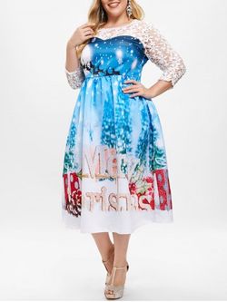 Plus Size Sheer Lace Christmas Ball Gown Dress - DEEP SKY BLUE - L