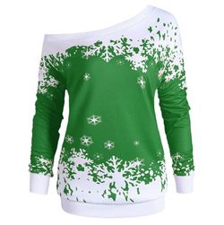 Plus Size One Shoulder Snowflake Christmas Sweatshirt - GREEN - XL