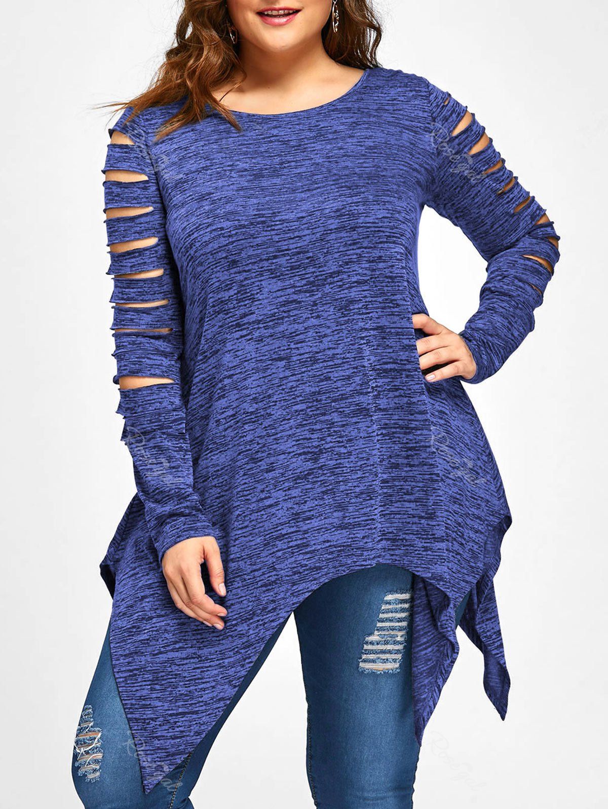 

Plus Size Ripped Sleeve Marled Handkerchief Top, Blue