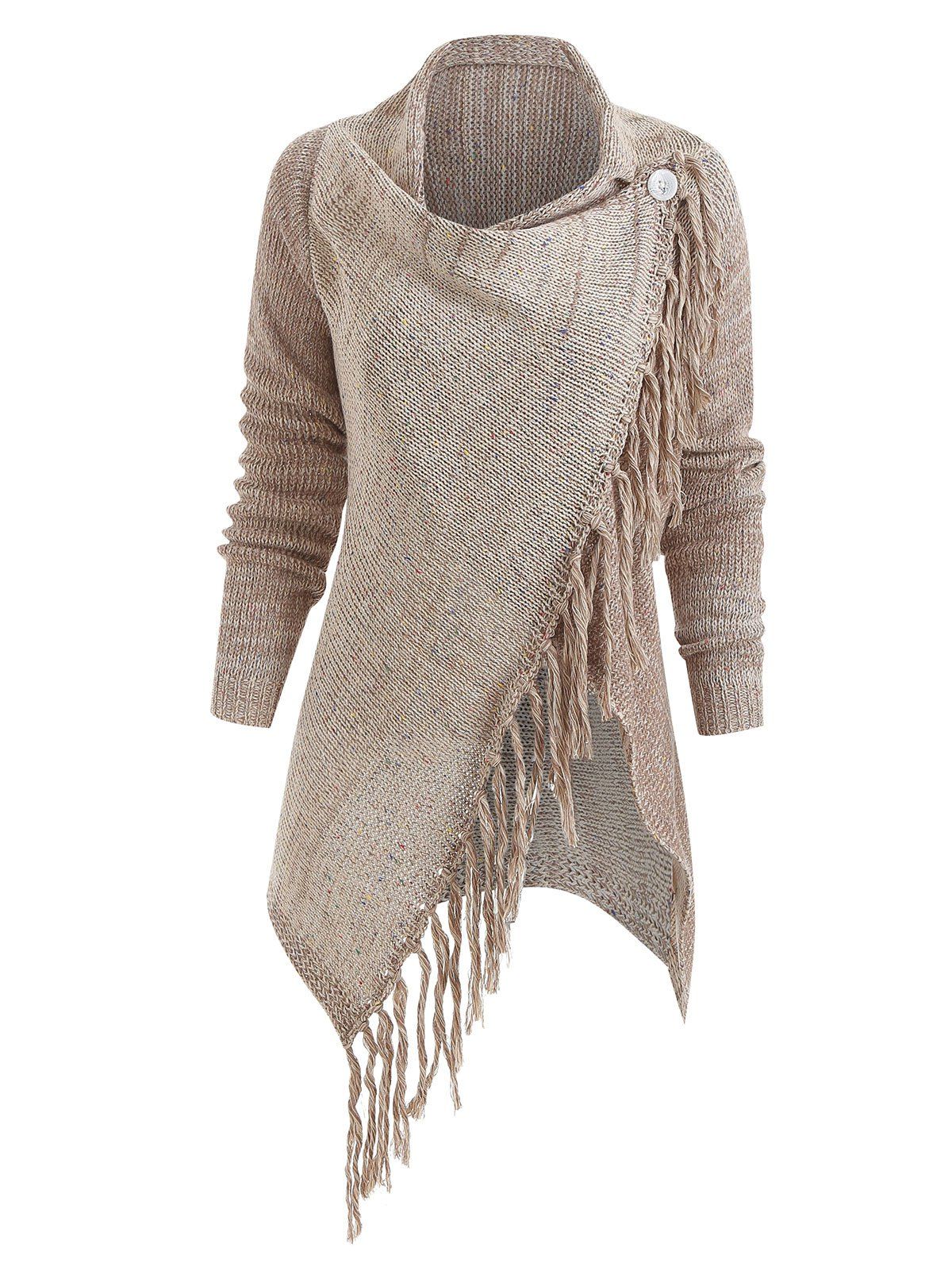 

Asymmetrical Fringed Hem Cardigan, Light khaki