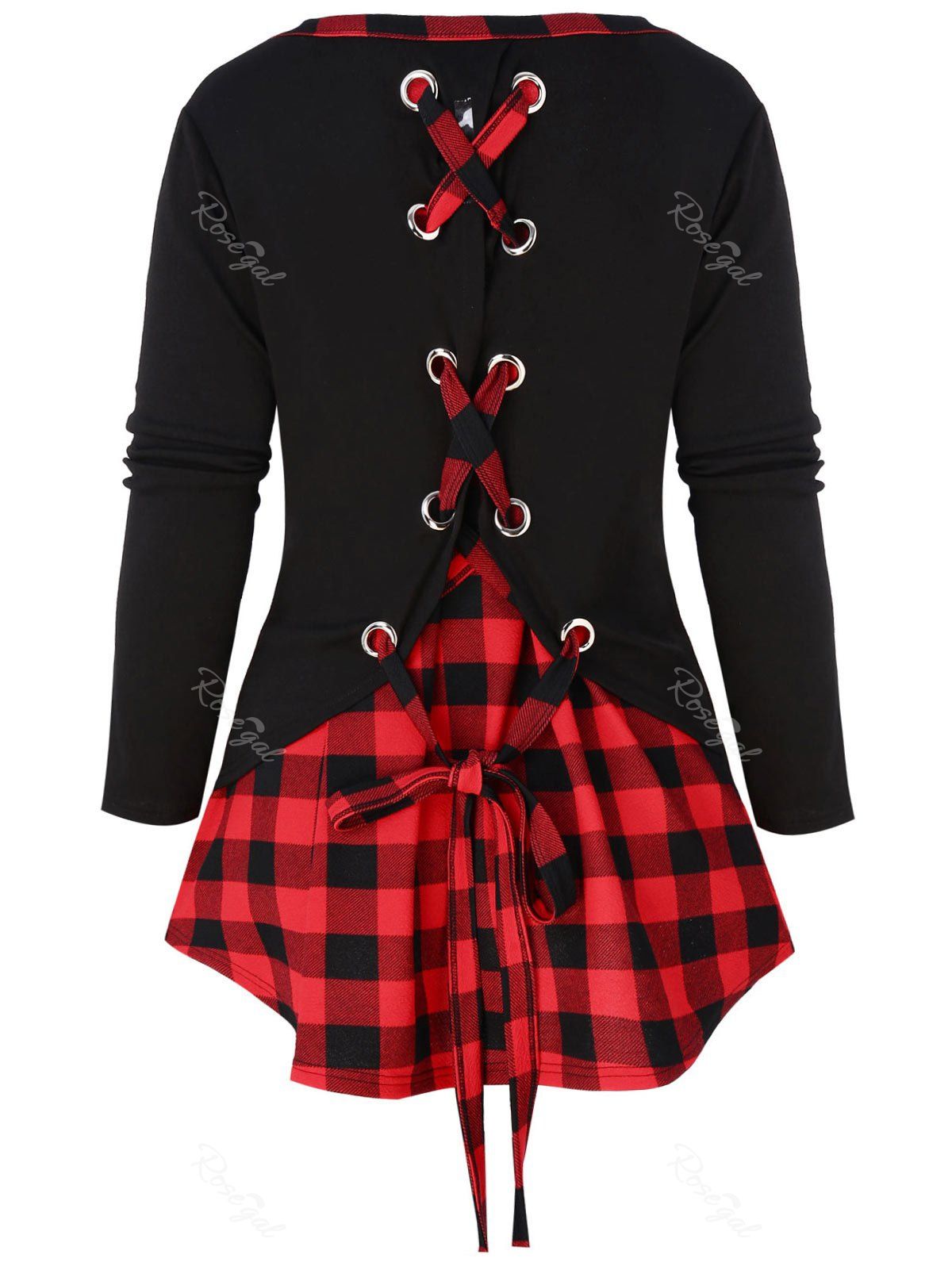 

Back Lace Up Plus Size Plaid Panel T-shirt, Black