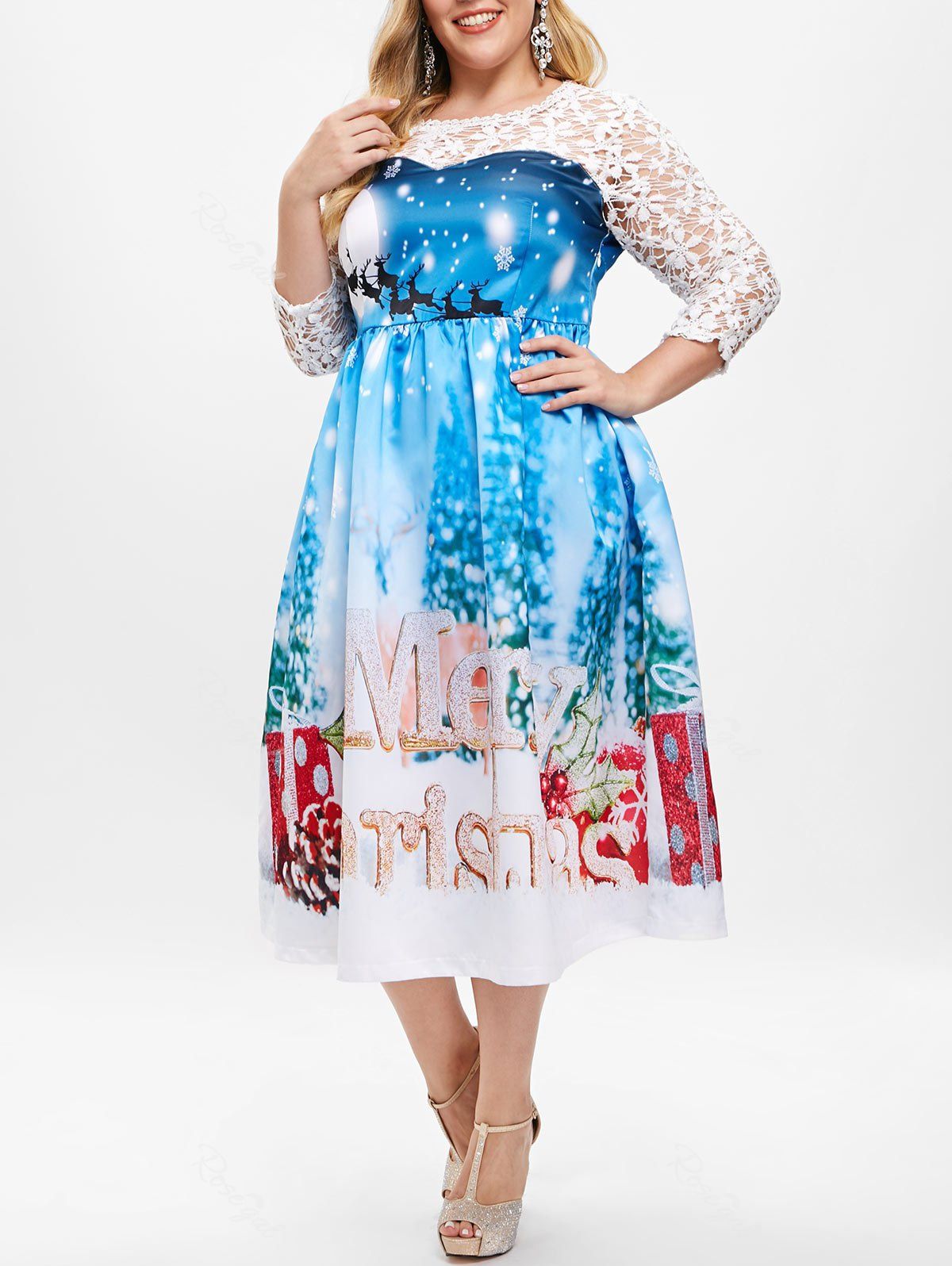 Cheap Plus Size Sheer Lace Christmas Ball Gown Dress  
