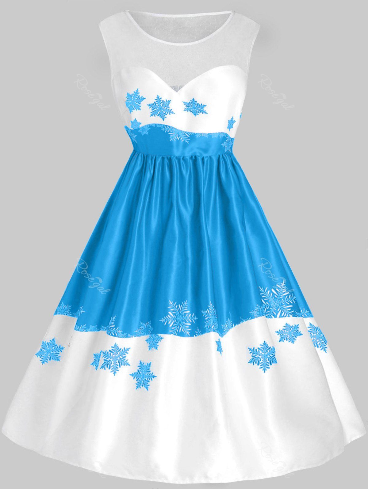 

Plus Size Vintage Mesh Snowflake Christmas Flare Dress, Deep sky blue