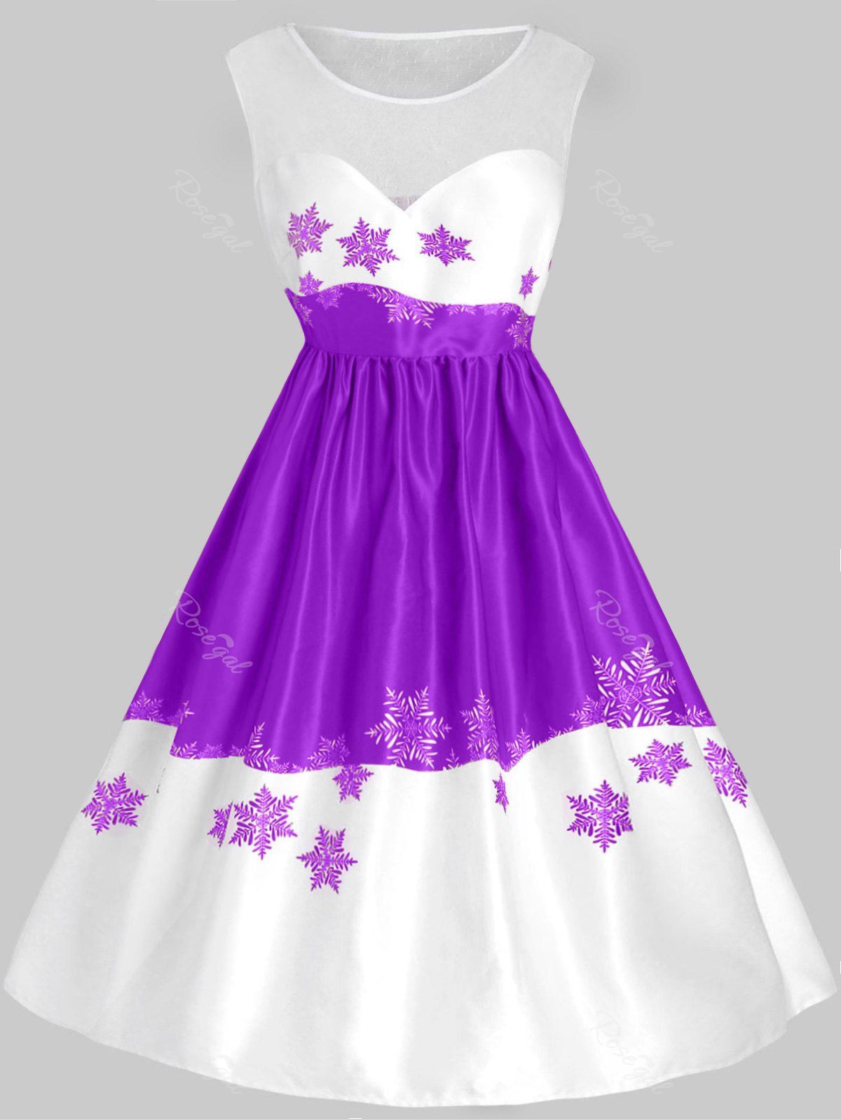 

Plus Size Vintage Mesh Snowflake Christmas Flare Dress, Purple