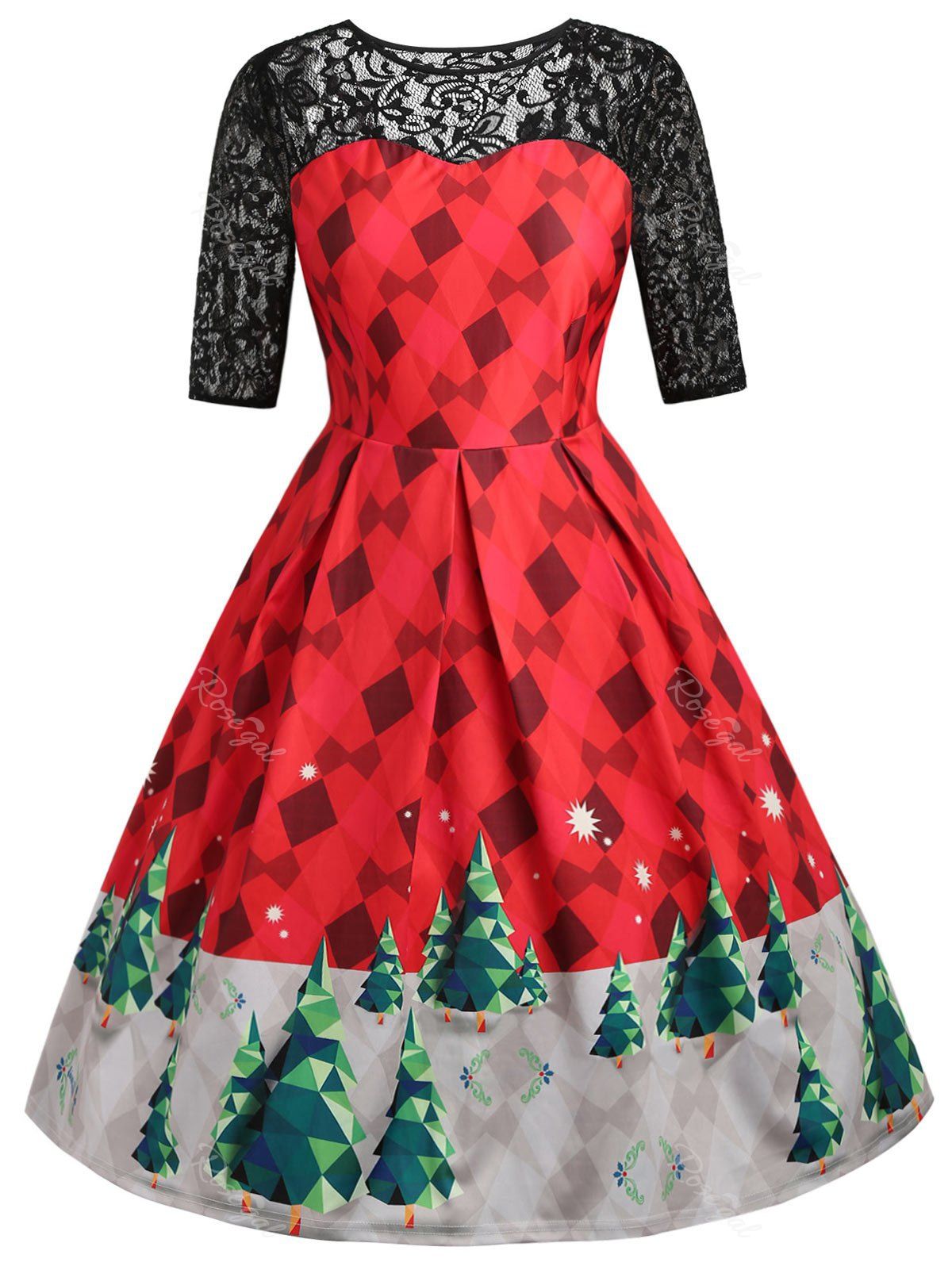 

Lace Panel Plus Size Christmas Tree Print A Line Dress, Red