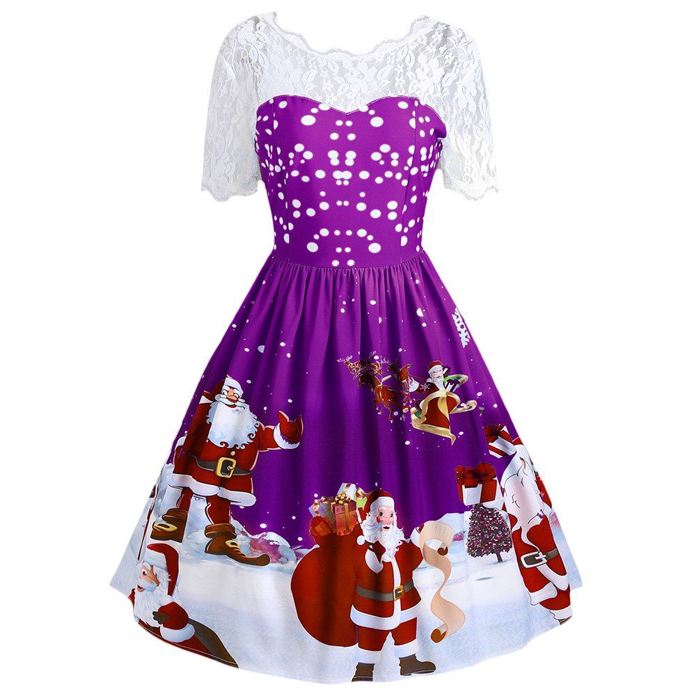 

Vintage Lace Insert Santa Claus Print Christmas Dress, Purple