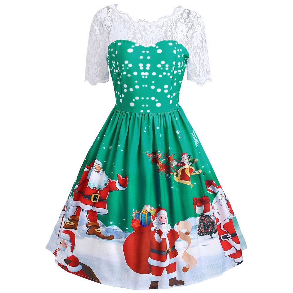 

Vintage Lace Insert Santa Claus Print Christmas Dress, Green