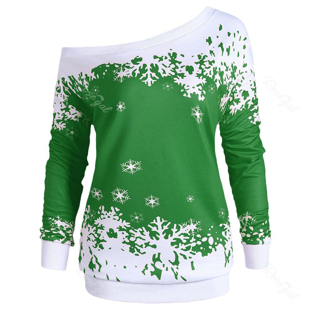 

Plus Size One Shoulder Snowflake Christmas Sweatshirt, Green