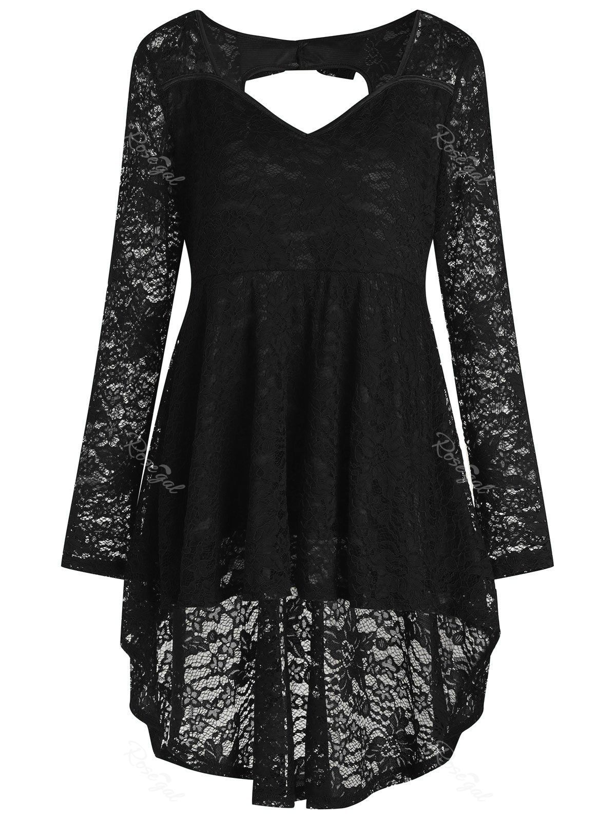 

Plus Size High Low Back Heart Cut Out Bowtie Long Sleeves Lace Top, Black