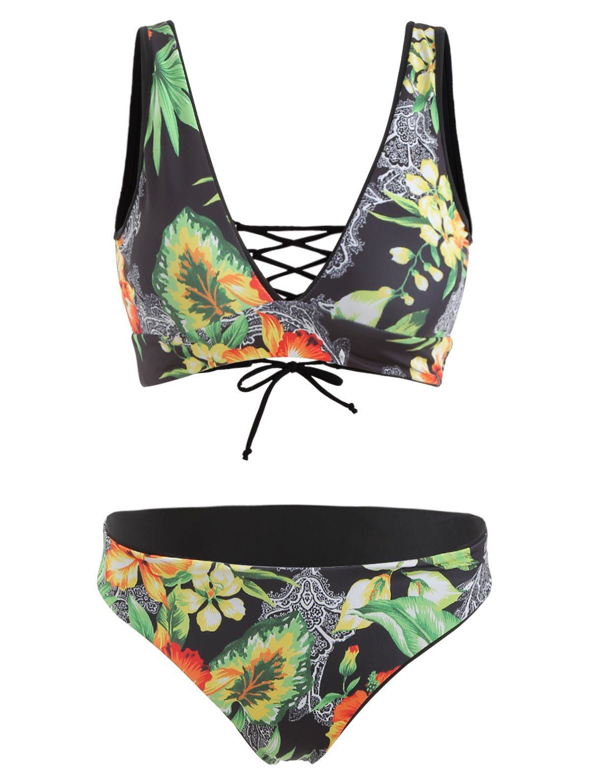 

Lace Up Floral Print Reversible Bikini Set, Multi