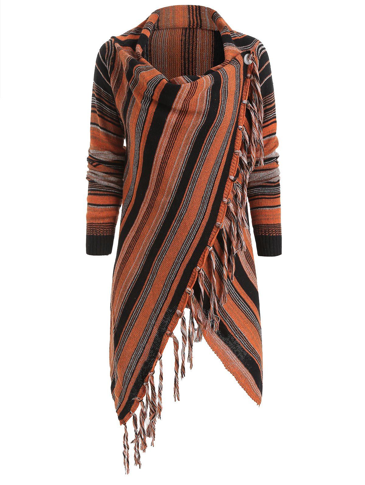 

Cowl Neck Asymmetrical Fringe Striped Cardigan, Multi-d