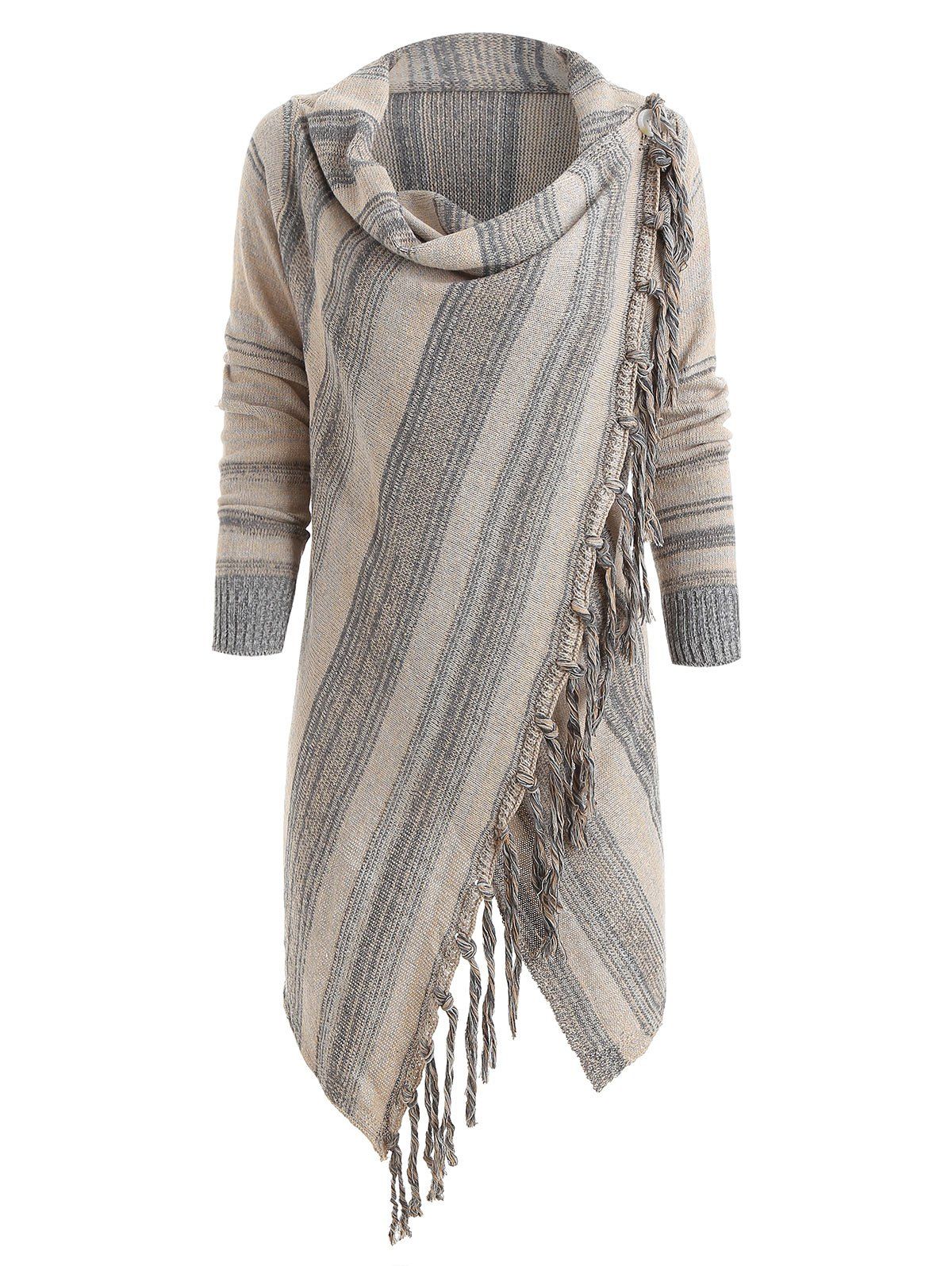 

Cowl Neck Asymmetrical Fringe Striped Cardigan, Multi-b