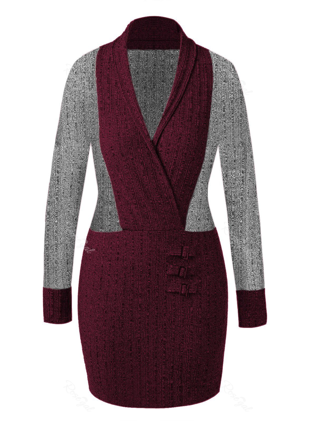 

Plus Size Shawl Collar Contrast Knitted Bodycon Dress, Red wine