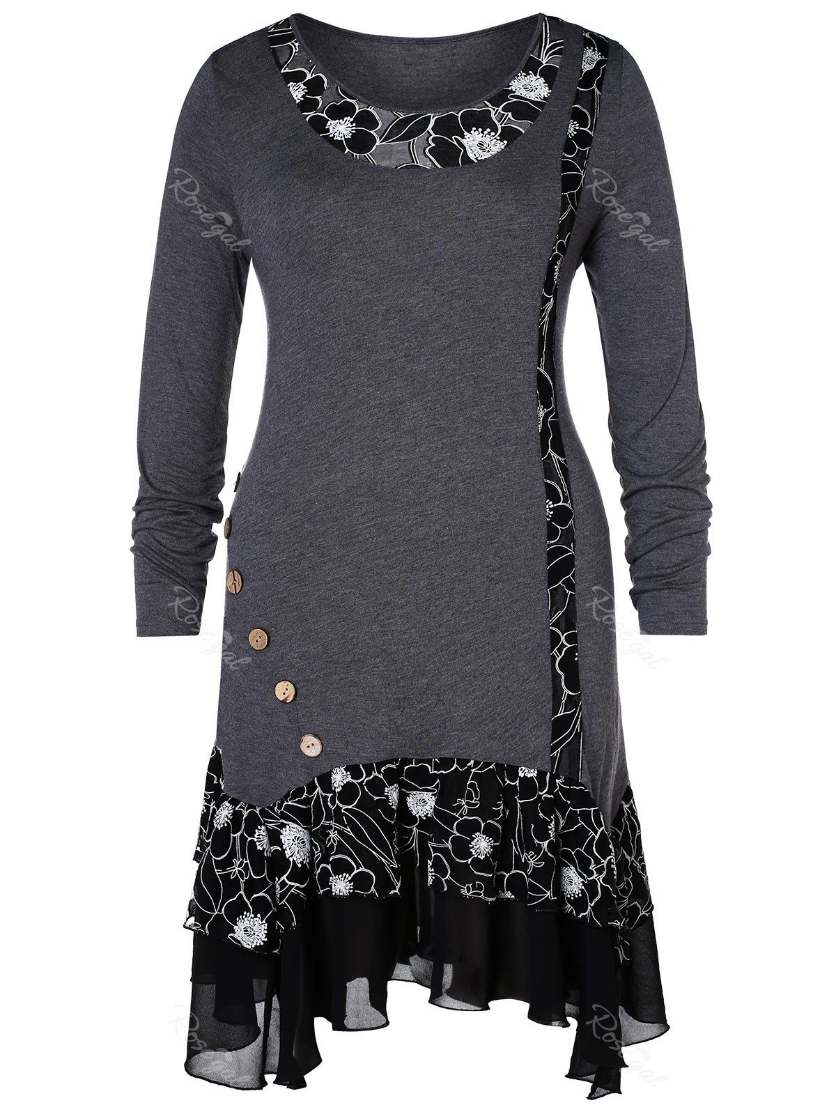 

Plus Size High Low Hem Floral T-shirt, Gray